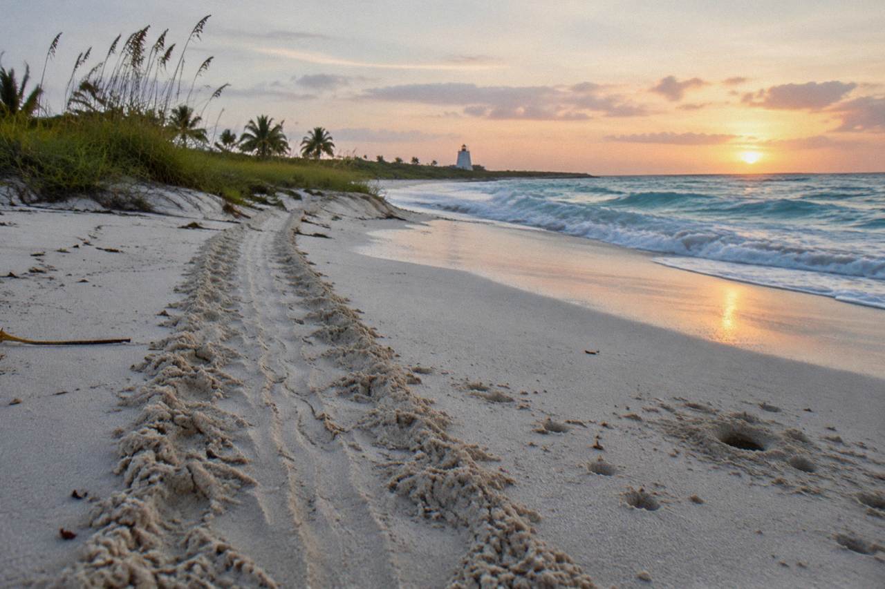 Empty white sand beach with gentle turquoise waves along a protected island shoreline