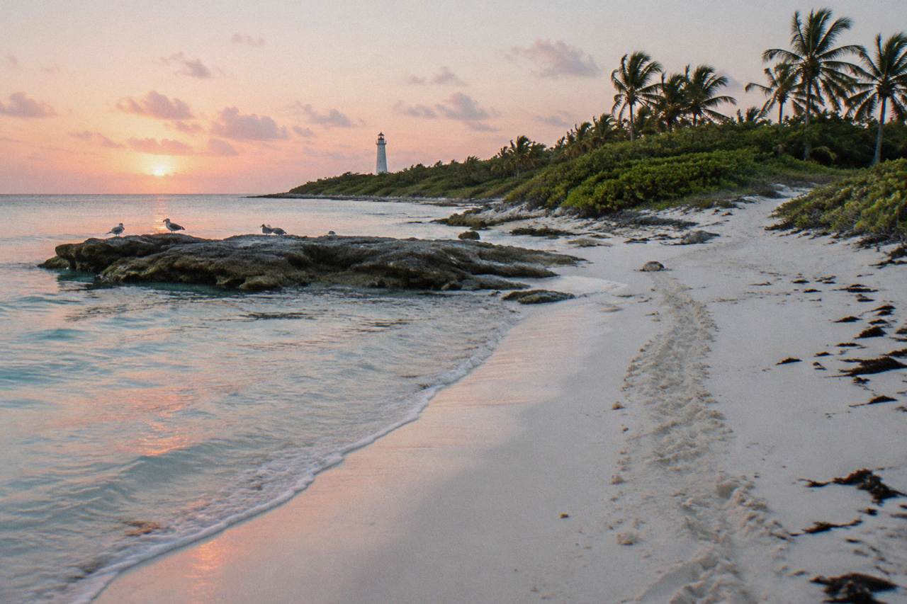 Empty white sand beach and turquoise water at a protected island shoreline at dawn