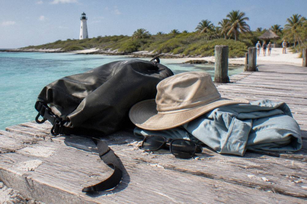 A dry bag with a wide brim hat, sunglasses and a long sleeve shirt on a wooden dock