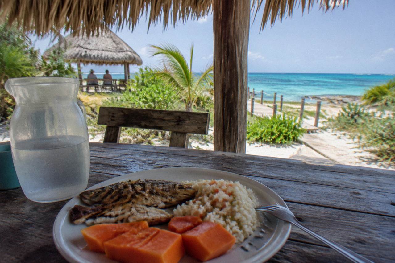 Shaded beachside lunch table with grilled fish, rice and fresh fruit beside a calm turquoise shore