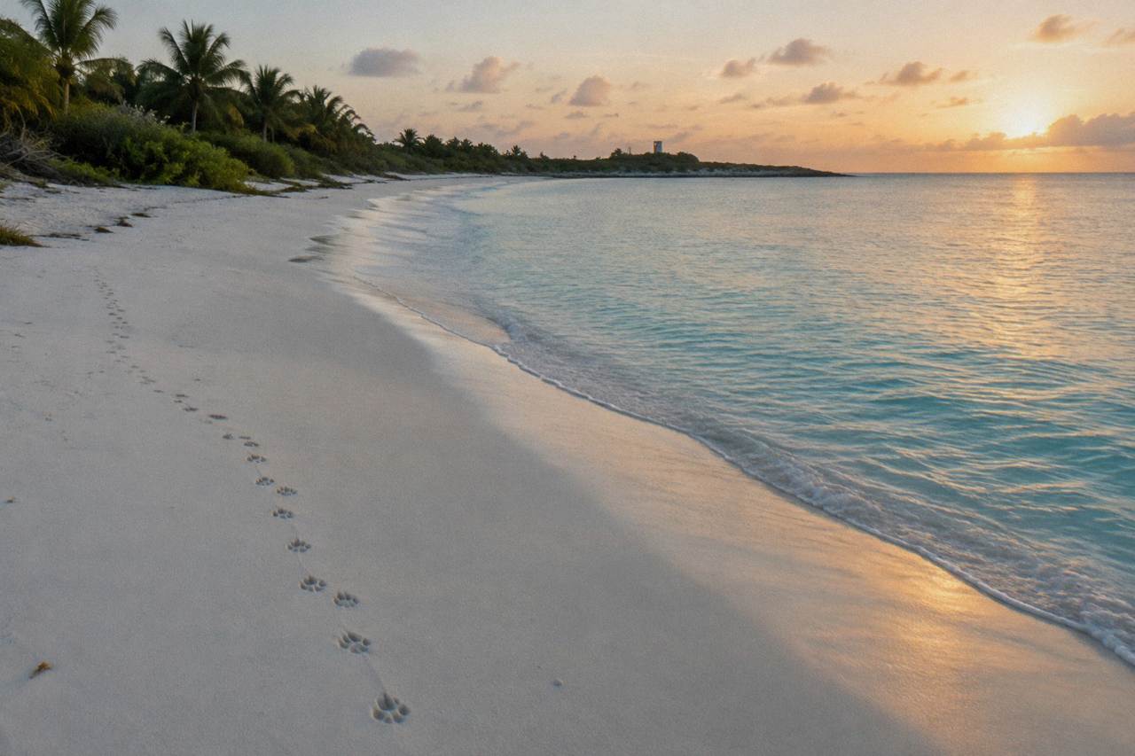 Empty white sand beach and calm turquoise water along a protected island shoreline