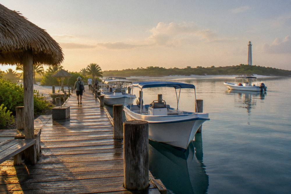 Wooden dock with small boats at a Caribbean marina in morning light