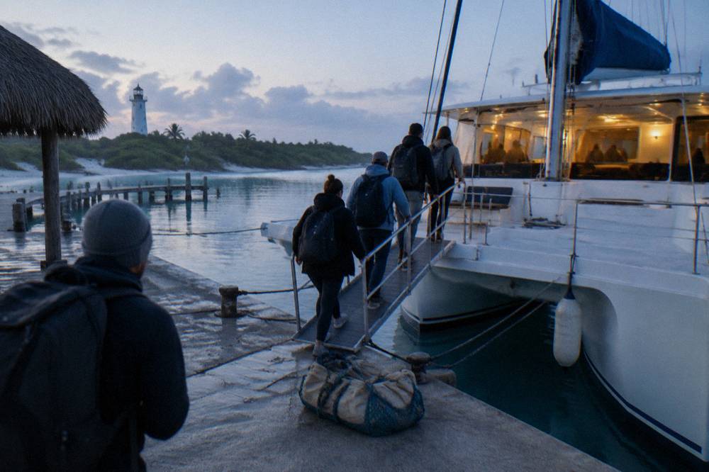 Passengers boarding a white catamaran at a marina dock in early morning light