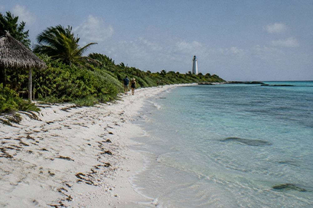 Bright white sand shoreline meeting clear shallow turquoise water with dark green scrub behind