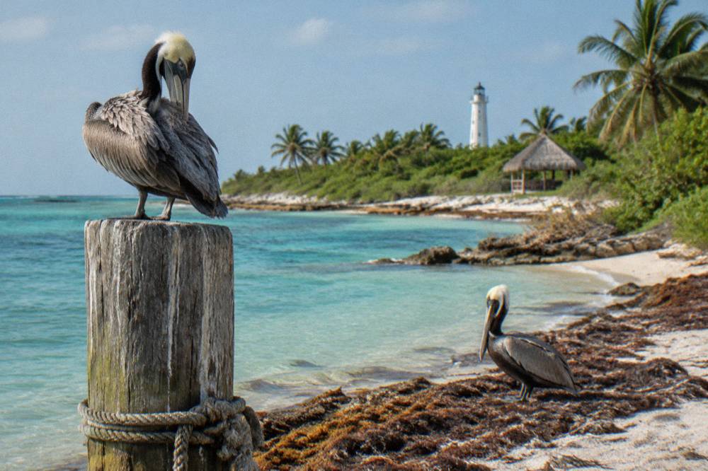 Brown pelicans perched near the water on a quiet tropical shoreline