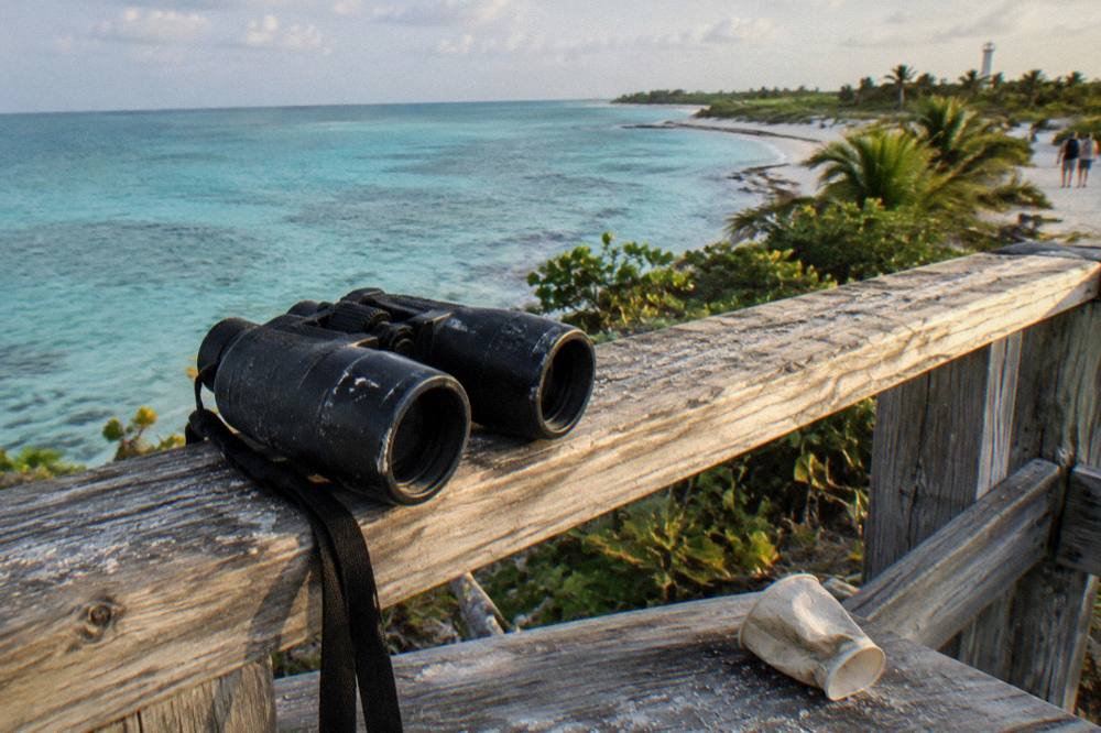 A pair of binoculars resting on a wooden rail above a tropical shoreline