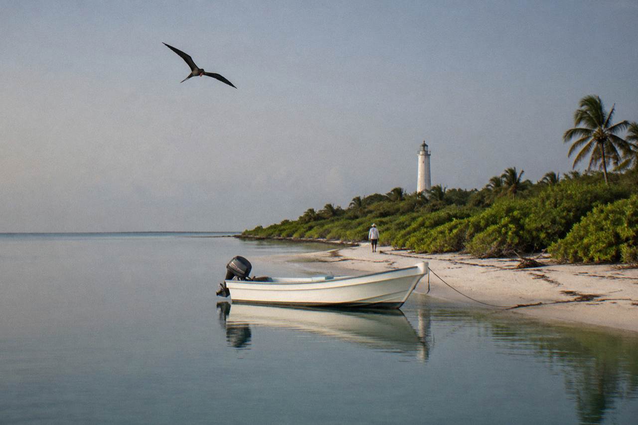 A small white boat anchored off a pale sand island with low green scrub