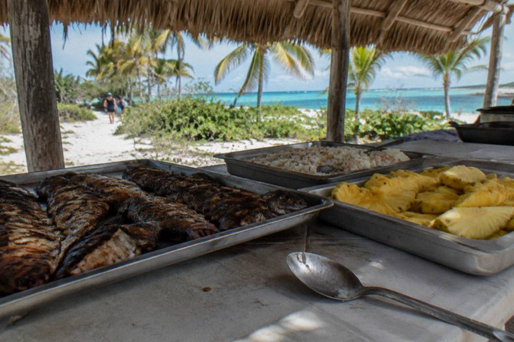 Buffet lunch table with grilled fish, rice and fruit under a thatched palapa roof