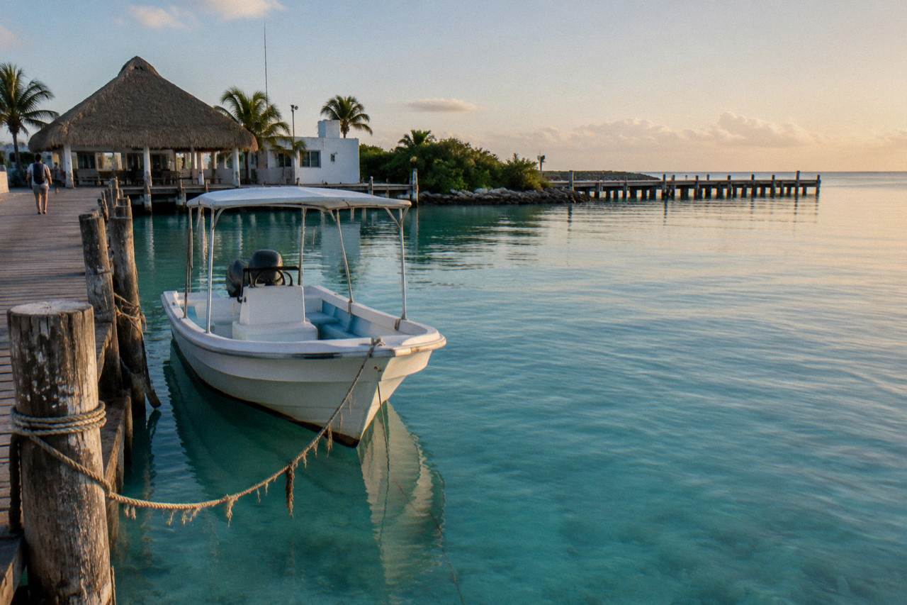 A small white speedboat at a wooden dock on a calm turquoise sea near Isla Mujeres