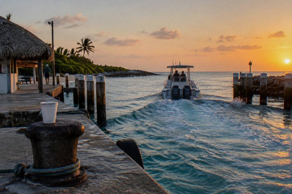 Speedboat leaving a marina channel toward open sea in morning light
