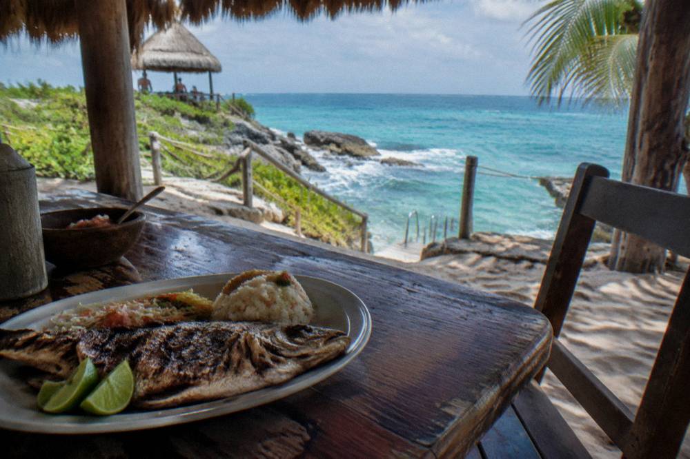 A buffet lunch of grilled fish, rice and salad served on a beach table