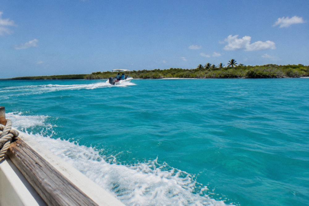 A private speedboat cutting across open turquoise water toward a low green island