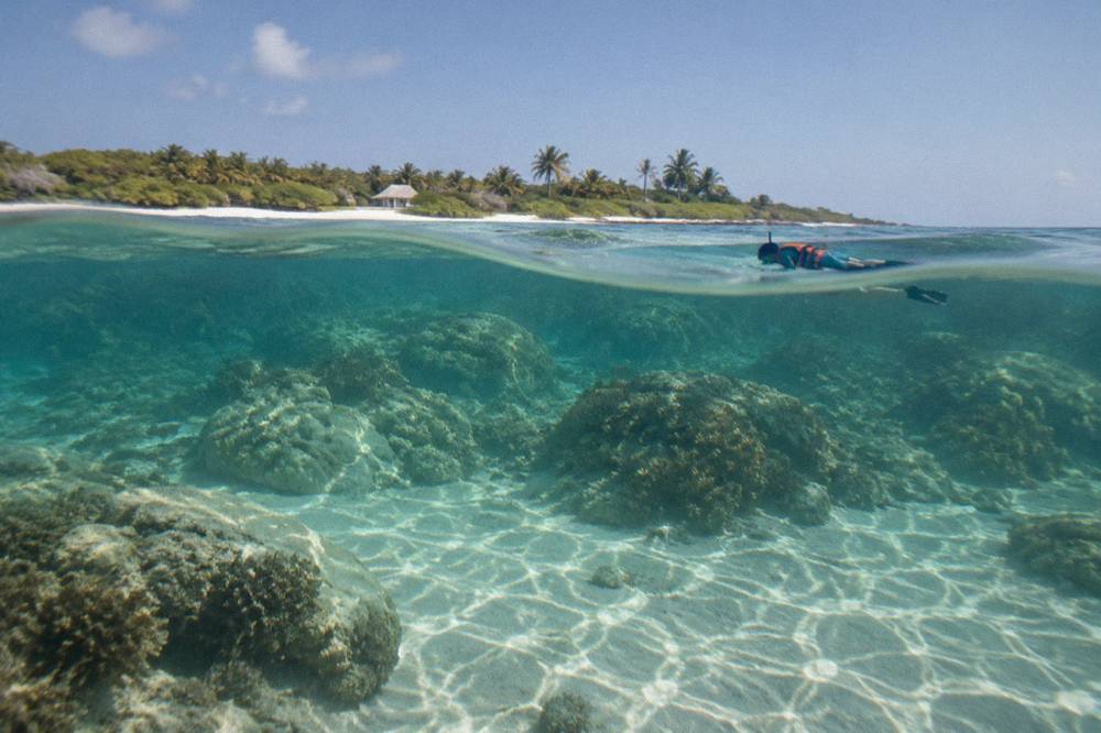 Snorkeler in a life vest floating over pale coral formations in clear shallow sea
