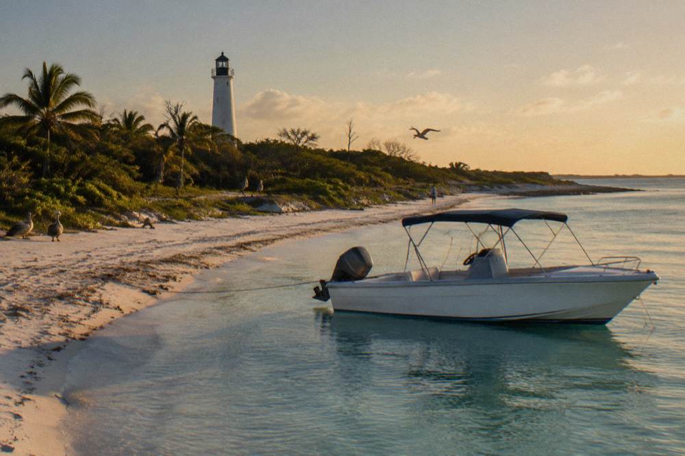 White speedboat moored beside a pale sand beach under a wide sky