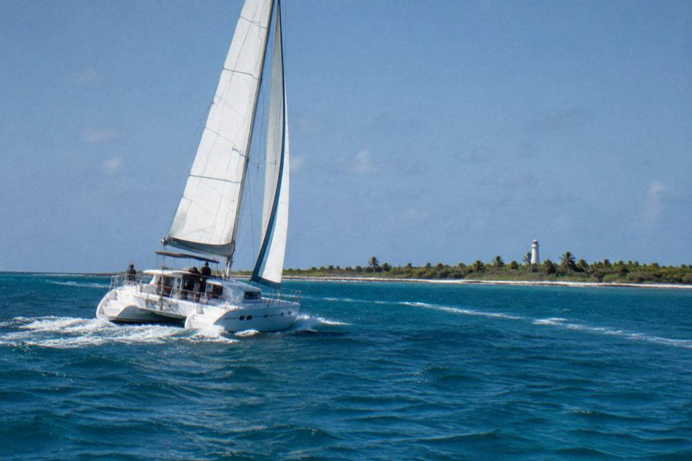 Tall sailing catamaran underway on open blue water near an island coast