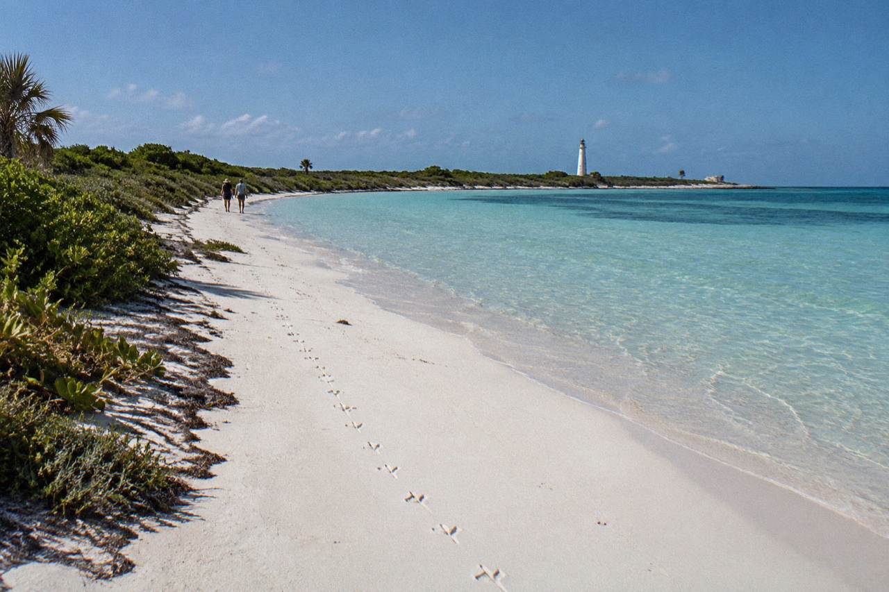 Empty white sand beach with calm turquoise water and low green scrub at Isla Contoy