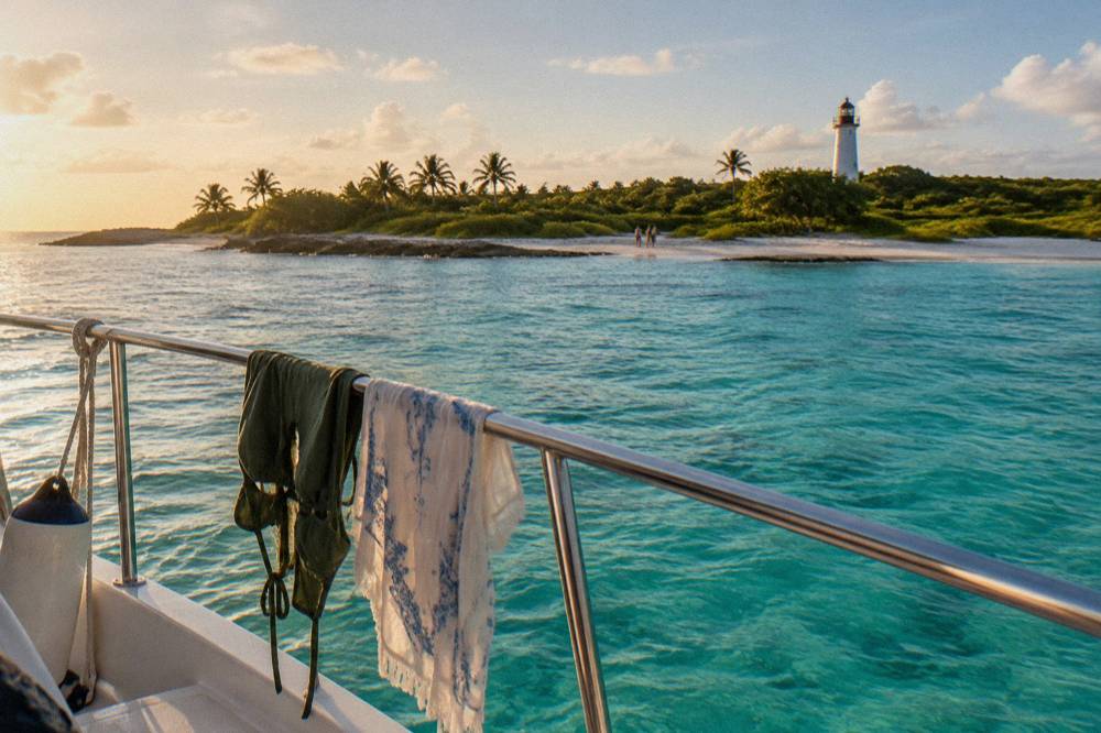A swimsuit and light cover-up drying on a boat rail with calm turquoise sea beyond