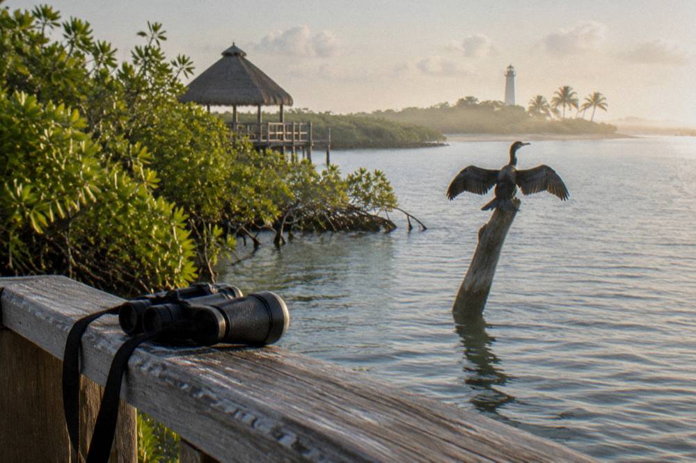 A pair of binoculars resting on a wooden railing facing low green mangroves