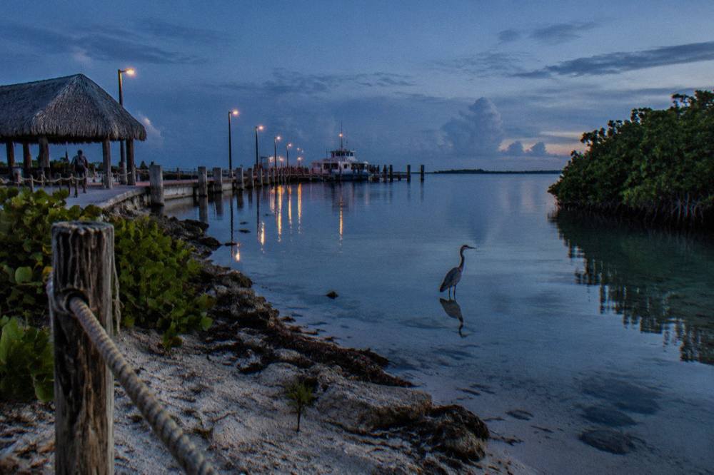 Hotel-zone shoreline at first light with calm lagoon water and a distant marina pier