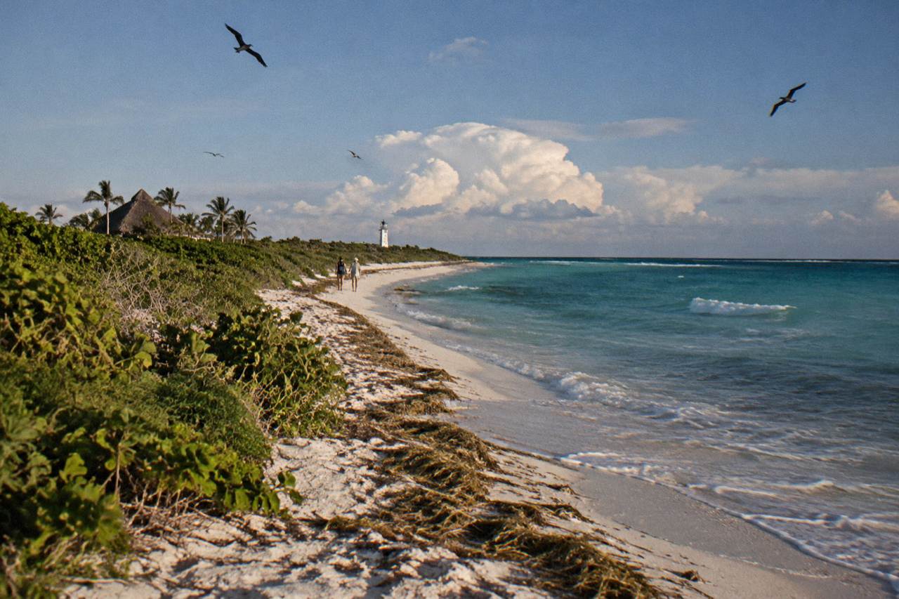 Sand spit of a low tropical island with calm turquoise shallows and dense green scrub