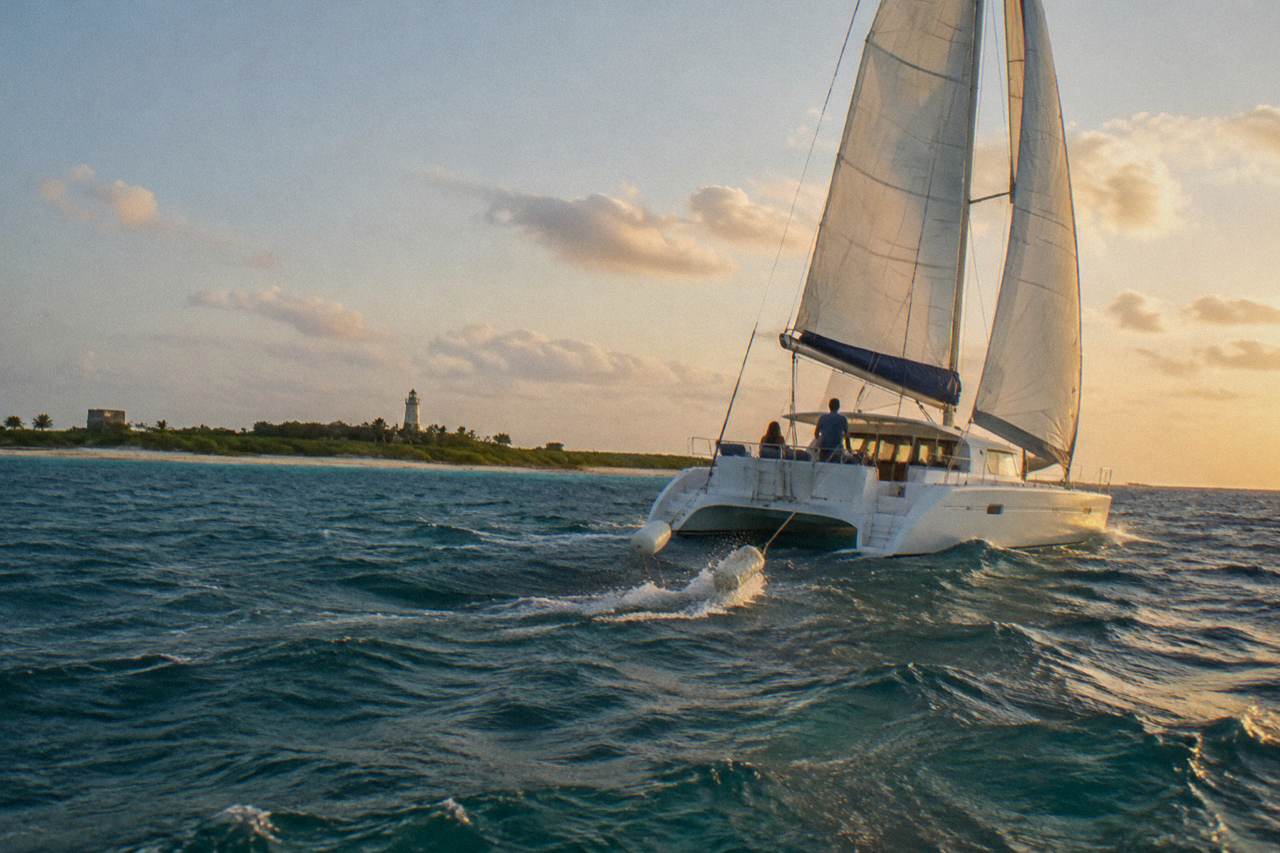Isla Contoy: a sailing catamaran under way on the Caribbean off Quintana Roo